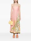 Alemais Papaya Smocked Printed Linen Midi Dress
