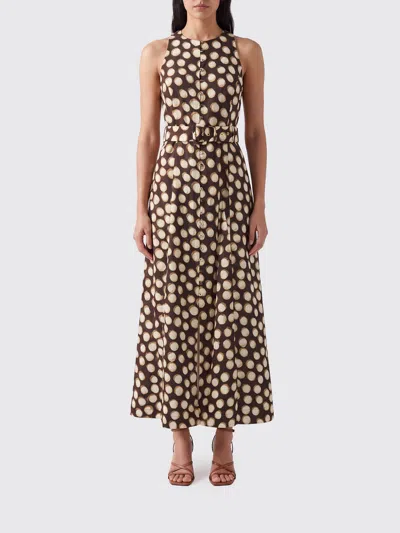 Alemais Paula Polka-dot Off-the-shoulder Linen Midi Dress With Adjustable Belt In Brown