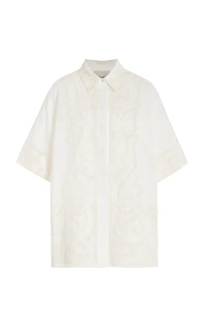 Alemais Pegasus Oversized Embroidered Linen Shirt In Ivory