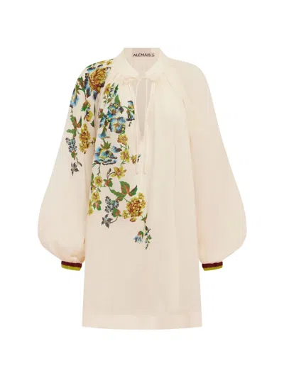 Alemais Deep V Tie Neck Dress With Balloon Raglan Sleeves And Toggle Belt In Neutral