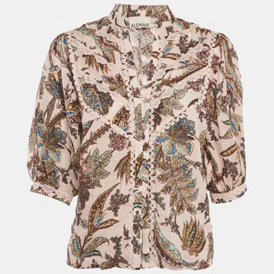 Pre-owned Alemais Pink Printed Lace Trim Ramie Estella Yoke Front Shirt S