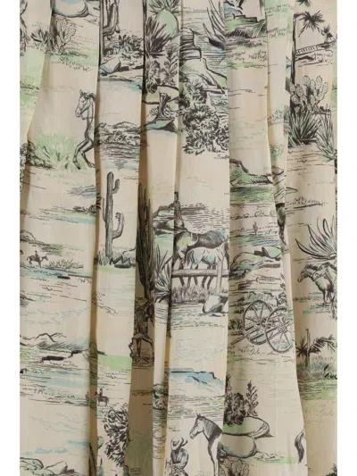 Alemais Pleated Linen With Western Print Midi Skirt In White