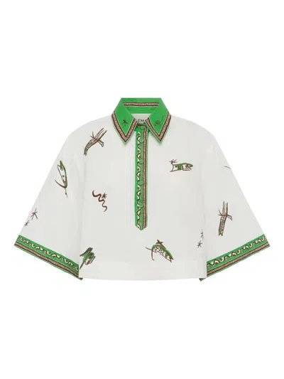 Alemais Pointed Collar Linen Shirt With Half Placket In Green