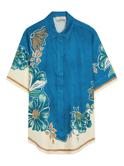 Alemais Pointed Collar Stand Shirt Size 6 With Self-covered Buttons In Blue