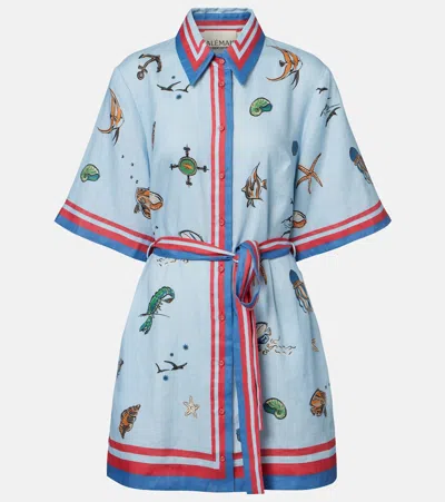 Alemais Printed Belted Linen Shirt Dress In Blue