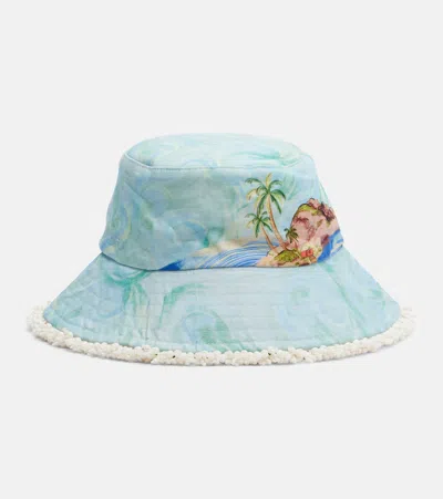 Alemais Alémais Printed Linen Bucket Hat In Blue