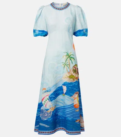 Alemais Printed Linen Midi Dress In Blue
