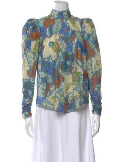 Pre-owned Alemais Printed Mock Neck Blouse In Blue