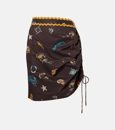 Alemais Printed Ruched Cotton Miniskirt In Brown