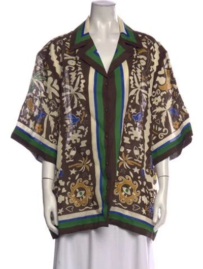Pre-owned Alemais Printed Short Sleeve Blouse In Blue/brown/green