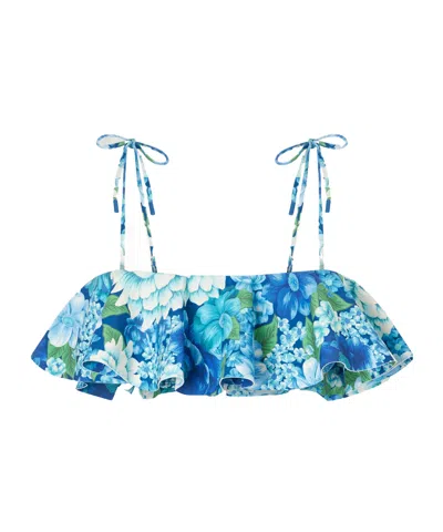 Alemais Margo Ruffled Floral-print Bikini Top In Blue