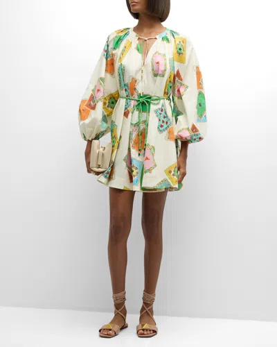 Alemais Rummy Long-sleeve Multicolor Print Organic Cotton Mini Dress In Multi