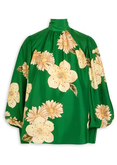 Alemais Sage Floral-print Silk Blouse