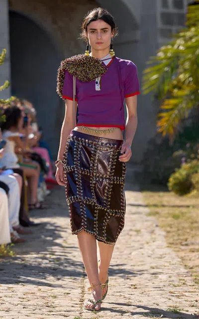 Alemais Alémais Salvador Eyelet-detailed Faux Leather Midi Skirt In Burgundy