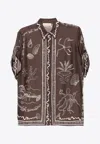 Alemais Sammy Short-sleeve Silk Satin Buttondown Blouse In Brown