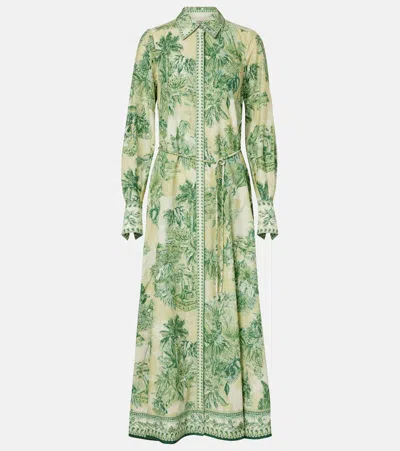 Alemais Sara Printed Cotton And Silk Shirt Dress In Green