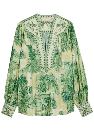Alemais Sara Printed Cotton And Silk-blend Blouse In Green