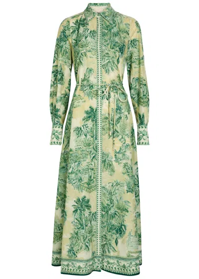 Alemais Sara Printed Cotton And Silk-blend Midi Shirt Dress In Green