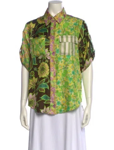 Pre-owned Alemais Silk Floral Print Button-up Top In Green