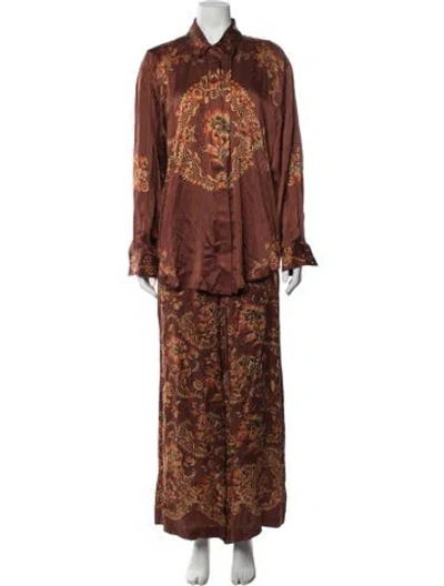 Pre-owned Alemais Silk Floral Print Pant Set In Brown/orange