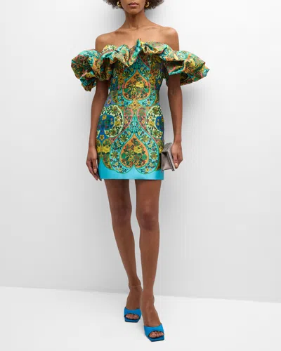 Alemais Sofie Off-shoulder Frill Taffeta Mini Dress In Multi