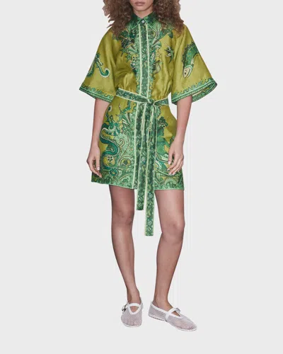 Alemais Solaris Belted Kimono-sleeve Mini Shirtdress In Olive