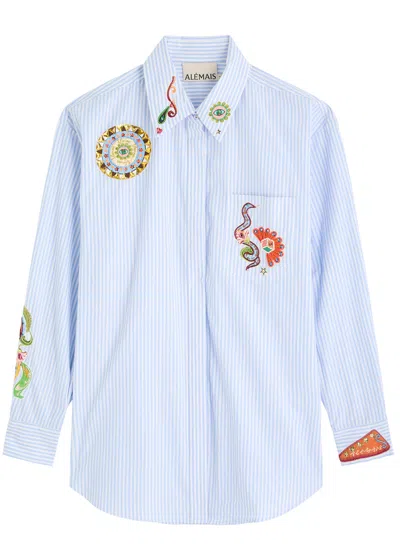 Alemais Strike Striped Embellished Cotton Shirt In Blue