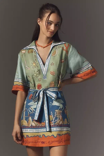 Alemais Surrealist Summer Short-sleeve Linen Mini Dress In Multicolor