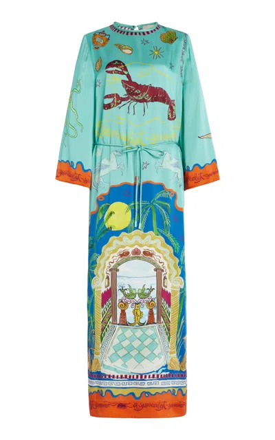 Alemais Surrealist Summer Silk Satin Midi Dress In Multicoloured