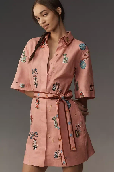 Alemais Timmy Short-sleeve Embroidered Linen Mini Dress In Pink