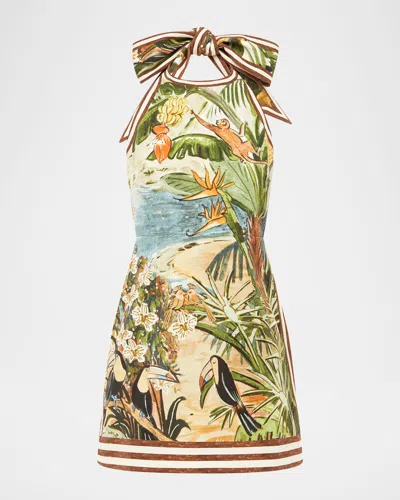 Alemais Toucan Tango Halterneck Printed Organic Cotton Mini Dress In Green