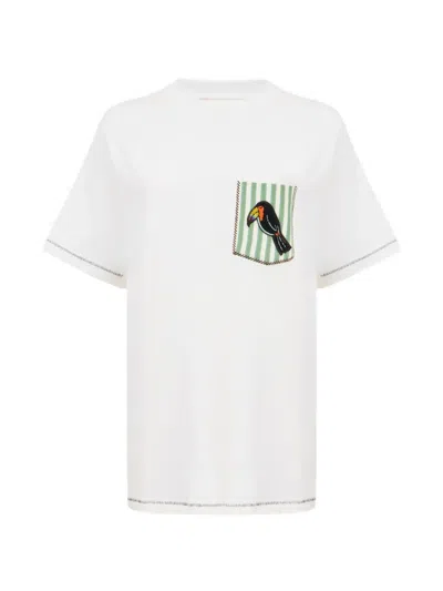 Alemais Toucan-patch Striped-pocket T-shirt In White