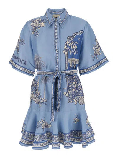 Alemais Villa Romantica Blue Mini Dress With Front Blet And All-over Floral Motif In Linen Blend Woman
