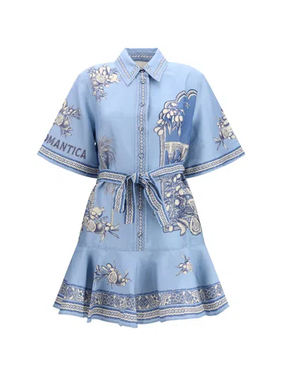 Alemais Villa Romantica Blue Mini Dress With Front Blet And All-over Floral Motif In Linen Blend Woman