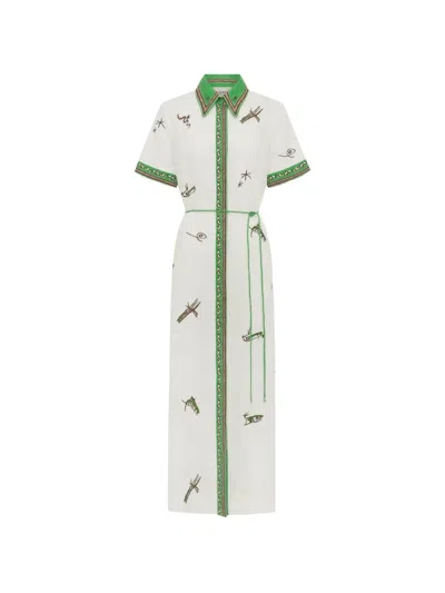 Alemais Wanda Belted Embroidered Linen Midi Shirt Dress In White