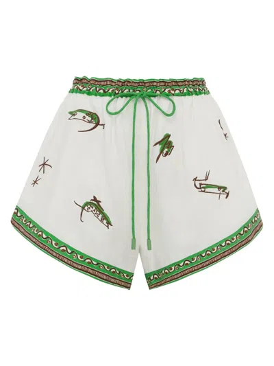 Alemais Elastic Drawcord Waist Linen Shorts With Branded Toggled Tie In Multi