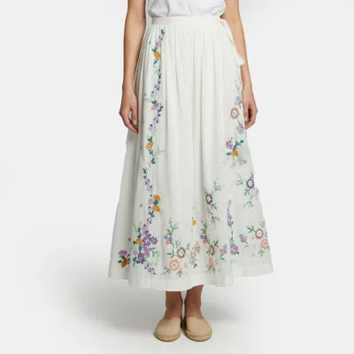Pre-owned Alemais White Floral Embroidered Cotton Maxi Skirt L