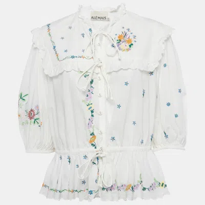 Pre-owned Alemais White Floral Embroidery Cotton Ruffled Blouse L