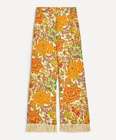 Alemais Lana Fringed Floral-print Linen Flared Pants In Yellow