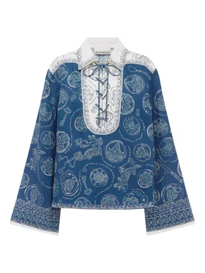 Alemais Alémais Lucky Printed Linen Blouse In Blue