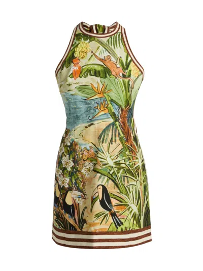 Alemais Toucan Tango Halterneck Printed Organic Cotton Mini Dress In Green
