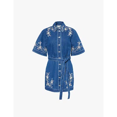 Alemais Womens Light Blue Carmen Floral-applique Belted Denim Mini Dress