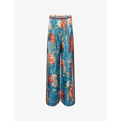 Alemais Womens Blue Fletcher Graphic-print Wide-leg High-rise Satin Trousers