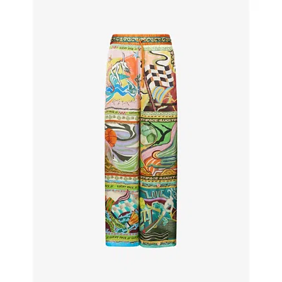 Alemais Womens Multi Lucky Pace Graphic-print Wide-leg Mid-rise Silk Trousers