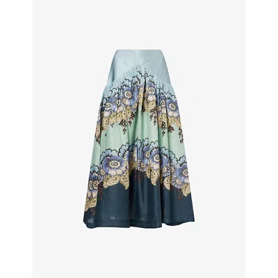 Alemais Womens Madalena Floral Ramie Midi Skirt Blue