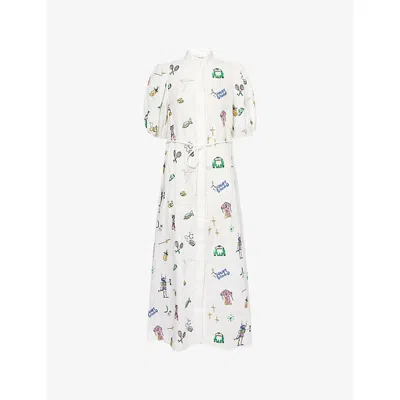 Alemais Womens Play Graphic-embroidered Linen Midi Dress Cream In White