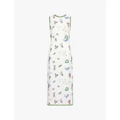 Alemais Womens Play Graphic-embroidered Linen Midi Dress Cream