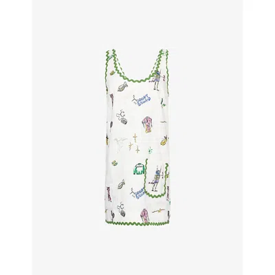Alemais Womens Play Graphic-embroidered Linen Mini Dress Cream