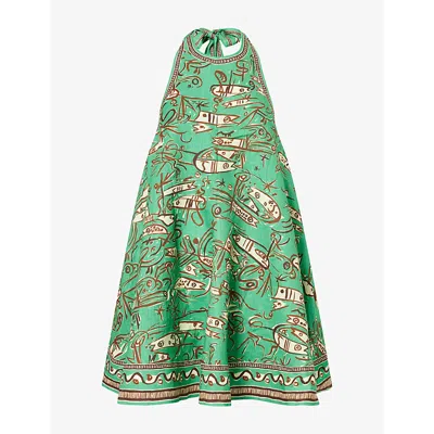 Alemais Womens Fish Sticks Printed Linen Mini Dress Green