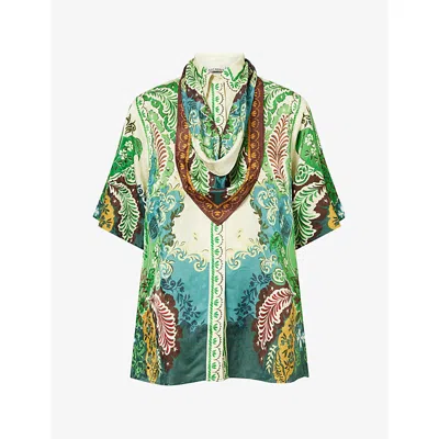 Alemais Womens Florence Scarf Jacquard Satin Shirt Multi In Green